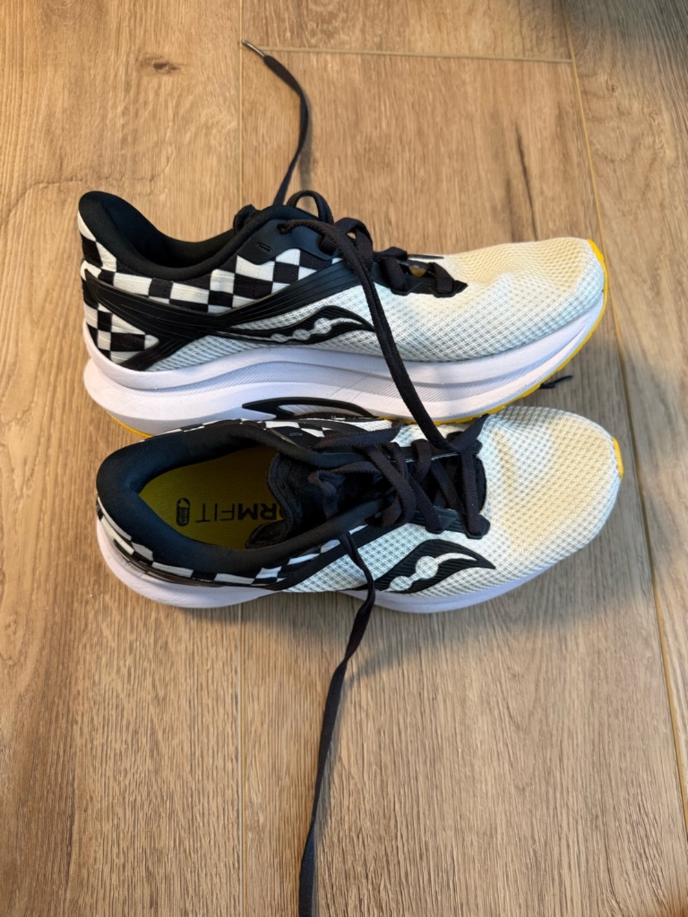 Saucony White, Black & Yellow Checkerboard Running Shoes